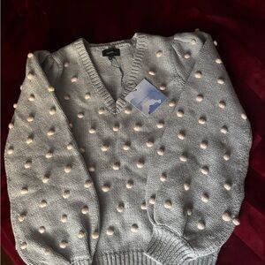 MAJORELLE Gray V-Neck Sweater with Pom-Poms